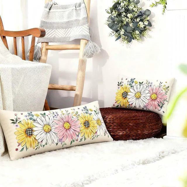 Alt view image 3 of 6 - Spring Summer Floral Pillow Cover 14x36 Inch,Sunflower Daisy Flowers Lumbar Extra Long Pillow Case Home Bed Cushion Sofa Couch Indoor Decoration 1 Piece