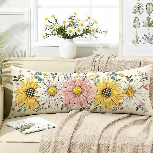 Alt view image 2 of 6 - Spring Summer Floral Pillow Cover 14x36 Inch,Sunflower Daisy Flowers Lumbar Extra Long Pillow Case Home Bed Cushion Sofa Couch Indoor Decoration 1 Piece
