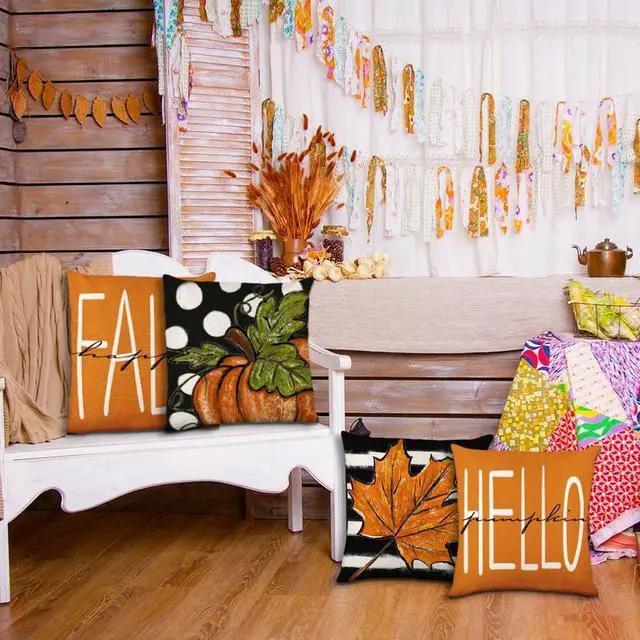Alt view image 6 of 7 - 4pcs Fall Pillow Covers 18 x 18 Inch Autumn Pumpkin Maple Leaves Harvest Throw Pillow Covers Cushion Cases for Thanksgiving Couch Sofa Outdoor Indoor Home House Decor