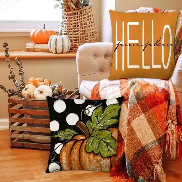 Alt view image 5 of 7 - 4pcs Fall Pillow Covers 18 x 18 Inch Autumn Pumpkin Maple Leaves Harvest Throw Pillow Covers Cushion Cases for Thanksgiving Couch Sofa Outdoor Indoor Home House Decor