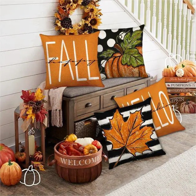 Alt view image 7 of 7 - 4pcs Fall Pillow Covers 18 x 18 Inch Autumn Pumpkin Maple Leaves Harvest Throw Pillow Covers Cushion Cases for Thanksgiving Couch Sofa Outdoor Indoor Home House Decor