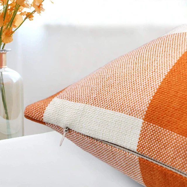 Alt view image 3 of 7 - Set of 2 Farmhouse Buffalo Check Plaid Throw Pillow Covers Cushion Case Polyester Linen for Fall Home Decor Orange and White, 18 x 18 Inches