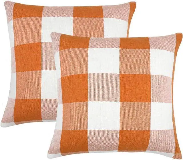 Main image of Set of 2 Farmhouse Buffalo Check Plaid Throw Pillow Covers Cushion Case Polyester Linen for Fall Home Decor Orange and White, 18 x 18 Inches