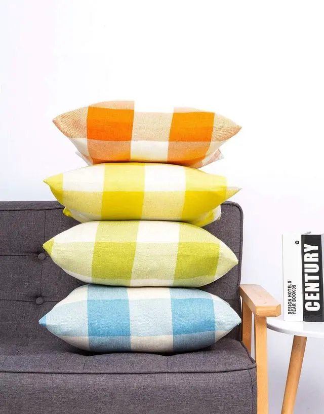 Alt view image 6 of 7 - Set of 2 Farmhouse Buffalo Check Plaid Throw Pillow Covers Cushion Case Polyester Linen for Fall Home Decor Orange and White, 18 x 18 Inches