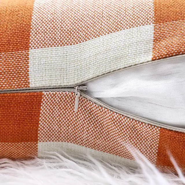 Alt view image 4 of 7 - Set of 2 Farmhouse Buffalo Check Plaid Throw Pillow Covers Cushion Case Polyester Linen for Fall Home Decor Orange and White, 18 x 18 Inches