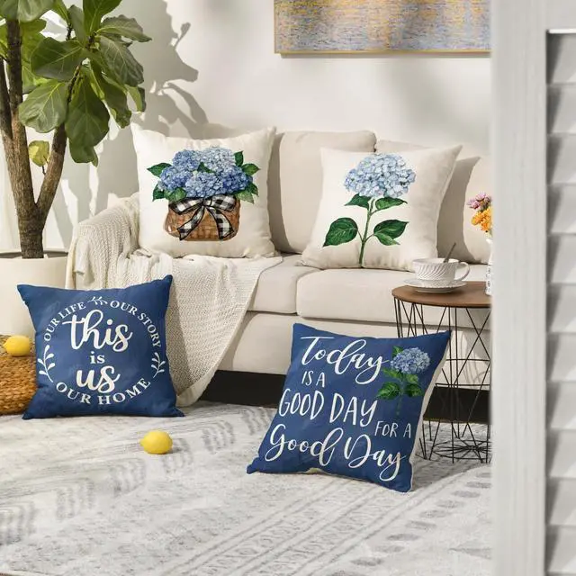 Alt view image 2 of 7 - Blue Hydrangea Spring Summer Throw Pillow Covers, 18 x 18 Inch Today is A Good Day Dark Blue Cushion Case Decoration for Sofa Couch Set of 4