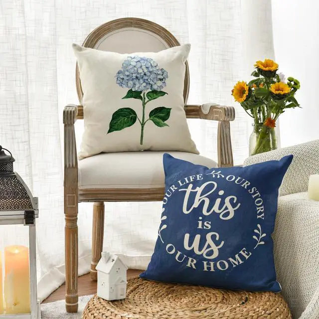 Alt view image 3 of 7 - Blue Hydrangea Spring Summer Throw Pillow Covers, 18 x 18 Inch Today is A Good Day Dark Blue Cushion Case Decoration for Sofa Couch Set of 4