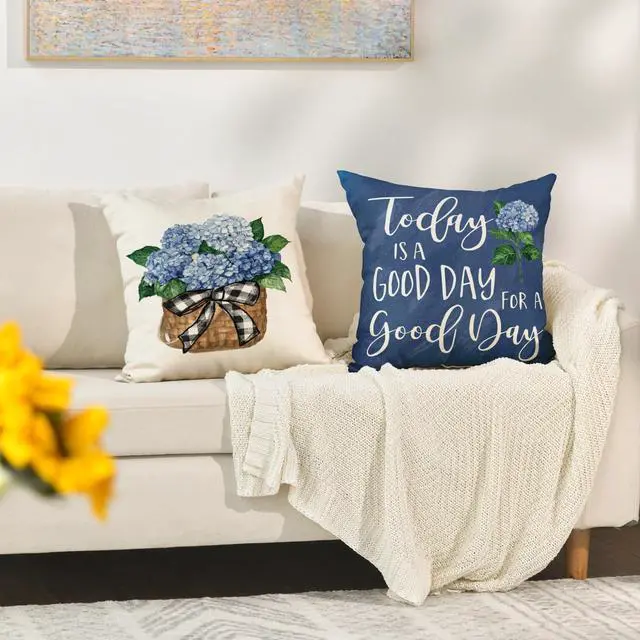 Alt view image 5 of 7 - Blue Hydrangea Spring Summer Throw Pillow Covers, 18 x 18 Inch Today is A Good Day Dark Blue Cushion Case Decoration for Sofa Couch Set of 4