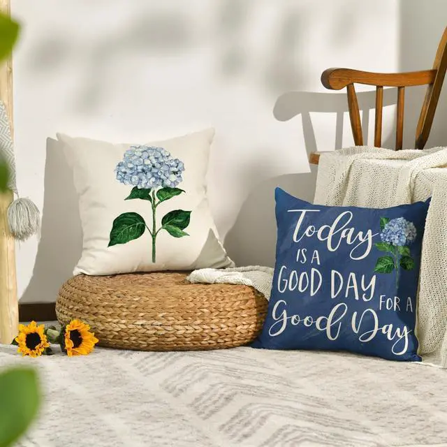Alt view image 4 of 7 - Blue Hydrangea Spring Summer Throw Pillow Covers, 18 x 18 Inch Today is A Good Day Dark Blue Cushion Case Decoration for Sofa Couch Set of 4