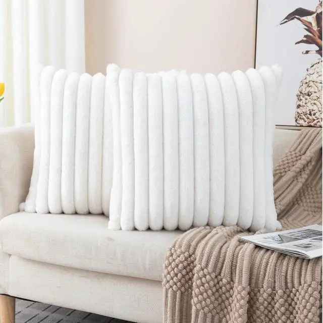 Alt view image 2 of 6 - Set of 2 Cream White Faux Fur Decorative Throw Pillow Covers Fluffy Striped Pillowcase Cushion Covers 16 x 16 Inch Decor Sofa Couch Bedroom