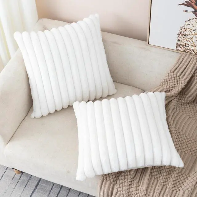 Alt view image 5 of 6 - Set of 2 Cream White Faux Fur Decorative Throw Pillow Covers Fluffy Striped Pillowcase Cushion Covers 16 x 16 Inch Decor Sofa Couch Bedroom