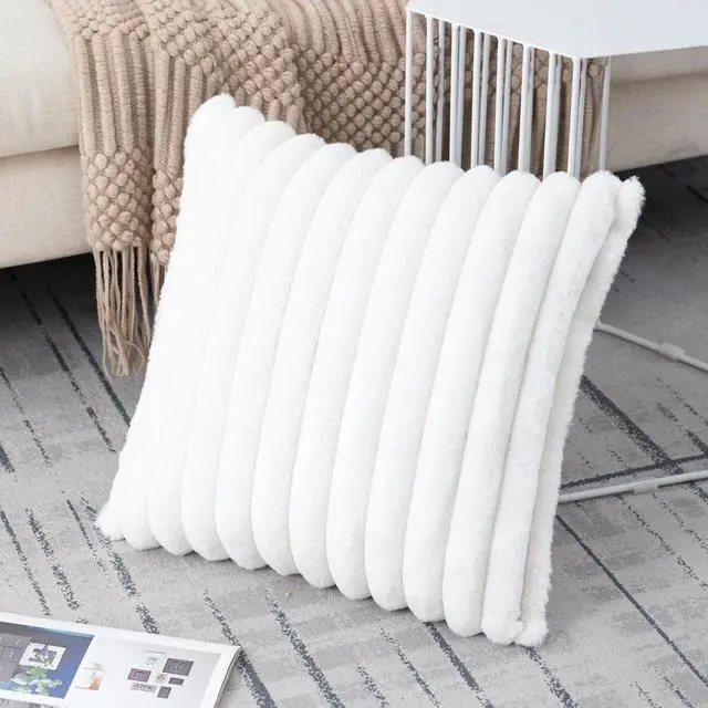 Alt view image 6 of 6 - Set of 2 Cream White Faux Fur Decorative Throw Pillow Covers Fluffy Striped Pillowcase Cushion Covers 16 x 16 Inch Decor Sofa Couch Bedroom
