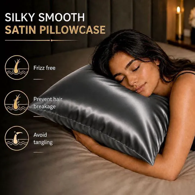Alt view image 2 of 7 - Silky Satin Pillowcases Queen Size 2 Pack Durable Dark Grey 20 x 30 Inches | Breathable Satin Fabric Smooth Surface Bedroom Apartment Dorm Hotel Everyday Bedding Fade Resistant Lightweight Easy Care