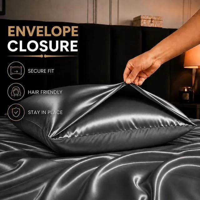 Alt view image 4 of 7 - Silky Satin Pillowcases Queen Size 2 Pack Durable Dark Grey 20 x 30 Inches | Breathable Satin Fabric Smooth Surface Bedroom Apartment Dorm Hotel Everyday Bedding Fade Resistant Lightweight Easy Care