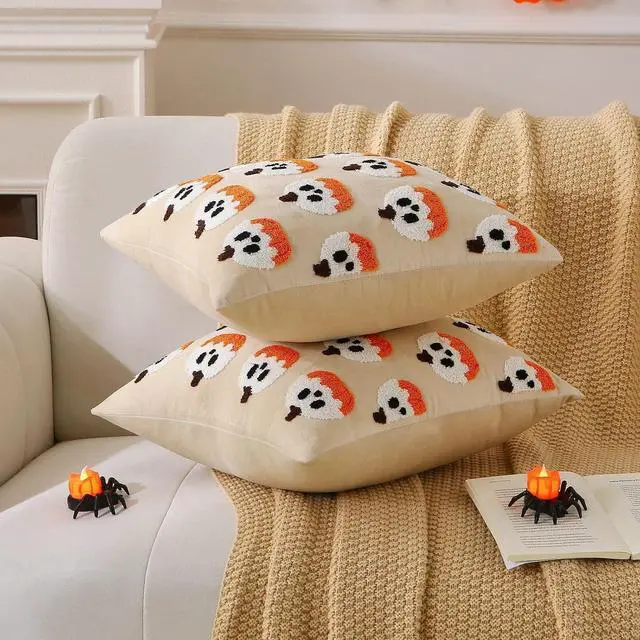 Alt view image 2 of 7 - Halloween Ghost Pumpkin Pillow Covers 18x18 Set of 2, 3D Cute Embroidered Beige Velvet Throw Pillowcases, Soft Plush Halloween Decor for Couch Sofa Bedroom Living Room