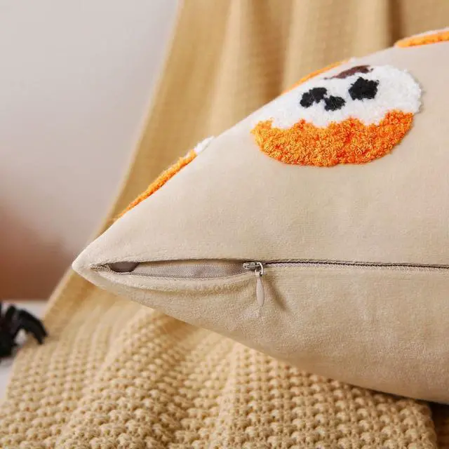 Alt view image 3 of 7 - Halloween Ghost Pumpkin Pillow Covers 18x18 Set of 2, 3D Cute Embroidered Beige Velvet Throw Pillowcases, Soft Plush Halloween Decor for Couch Sofa Bedroom Living Room