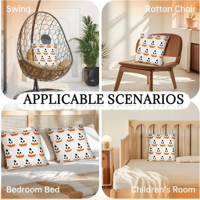 Alt view image 4 of 7 - Halloween Ghost Pumpkin Pillow Covers 18x18 Set of 2, 3D Cute Embroidered Beige Velvet Throw Pillowcases, Soft Plush Halloween Decor for Couch Sofa Bedroom Living Room