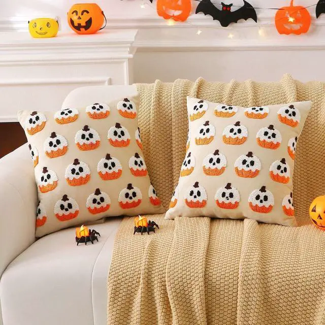 Alt view image 5 of 7 - Halloween Ghost Pumpkin Pillow Covers 18x18 Set of 2, 3D Cute Embroidered Beige Velvet Throw Pillowcases, Soft Plush Halloween Decor for Couch Sofa Bedroom Living Room