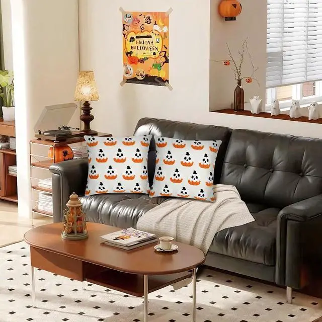 Alt view image 6 of 7 - Halloween Ghost Pumpkin Pillow Covers 18x18 Set of 2, 3D Cute Embroidered Beige Velvet Throw Pillowcases, Soft Plush Halloween Decor for Couch Sofa Bedroom Living Room