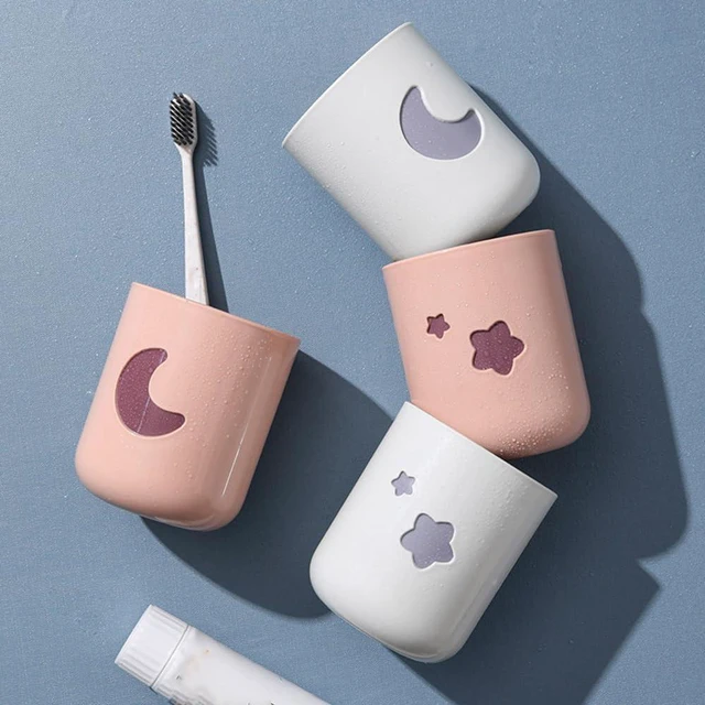 Alt view image 3 of 5 - Moon-Themed Couple Mouthwash Cup Set - Simple PP Material Toothbrush Holder and Drinking Cup, Suitable for Home and Bathroom use (2-Pack)(White & Pink)