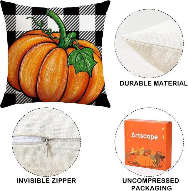 Alt view image 4 of 7 - Fall Decorative Throw Pillow Covers 18x18 Inch Set of 4 Fall Gifts for Home Decor, Buffalo Plaid Autumn Pumpkin Maple Leaves Harvest Decoration Pillow Cases for Home Sofa Couch Decor-Orange A