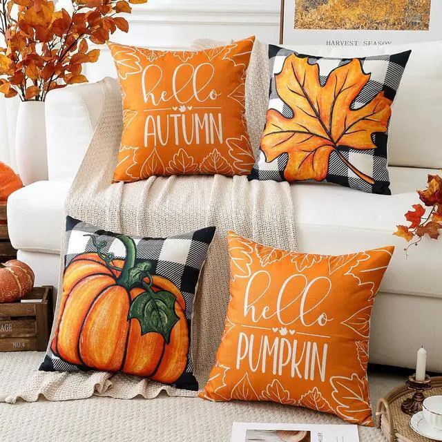 Alt view image 2 of 7 - Fall Decorative Throw Pillow Covers 18x18 Inch Set of 4 Fall Gifts for Home Decor, Buffalo Plaid Autumn Pumpkin Maple Leaves Harvest Decoration Pillow Cases for Home Sofa Couch Decor-Orange A