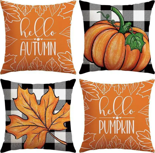 Main image of Fall Decorative Throw Pillow Covers 18x18 Inch Set of 4 Fall Gifts for Home Decor, Buffalo Plaid Autumn Pumpkin Maple Leaves Harvest Decoration Pillow Cases for Home Sofa Couch Decor-Orange A