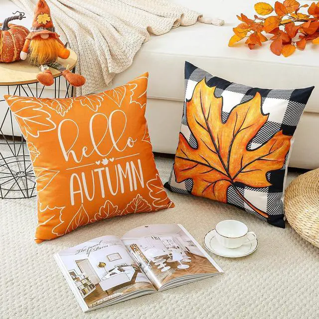 Alt view image 7 of 7 - Fall Decorative Throw Pillow Covers 18x18 Inch Set of 4 Fall Gifts for Home Decor, Buffalo Plaid Autumn Pumpkin Maple Leaves Harvest Decoration Pillow Cases for Home Sofa Couch Decor-Orange A