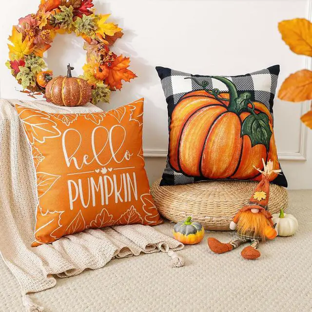 Alt view image 5 of 7 - Fall Decorative Throw Pillow Covers 18x18 Inch Set of 4 Fall Gifts for Home Decor, Buffalo Plaid Autumn Pumpkin Maple Leaves Harvest Decoration Pillow Cases for Home Sofa Couch Decor-Orange A