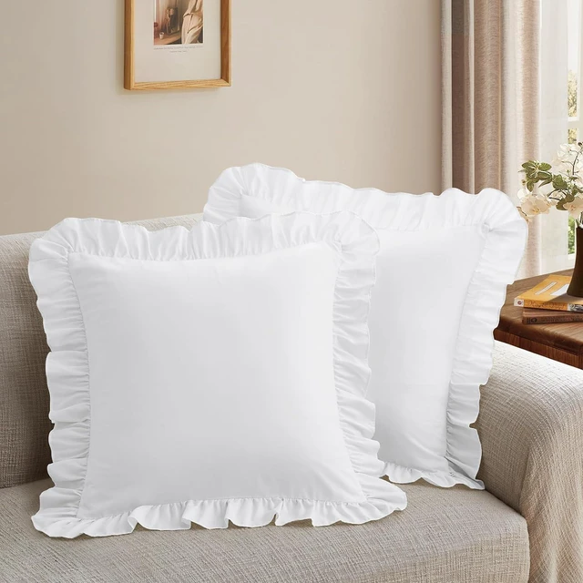 Main image of 2 Pack Ruffle Throw Pillow Covers 18x18 Inches, White Square Pillow Cases Microfiber Decorative Pillow Shams for Sofa Couch Bedroom Living Room