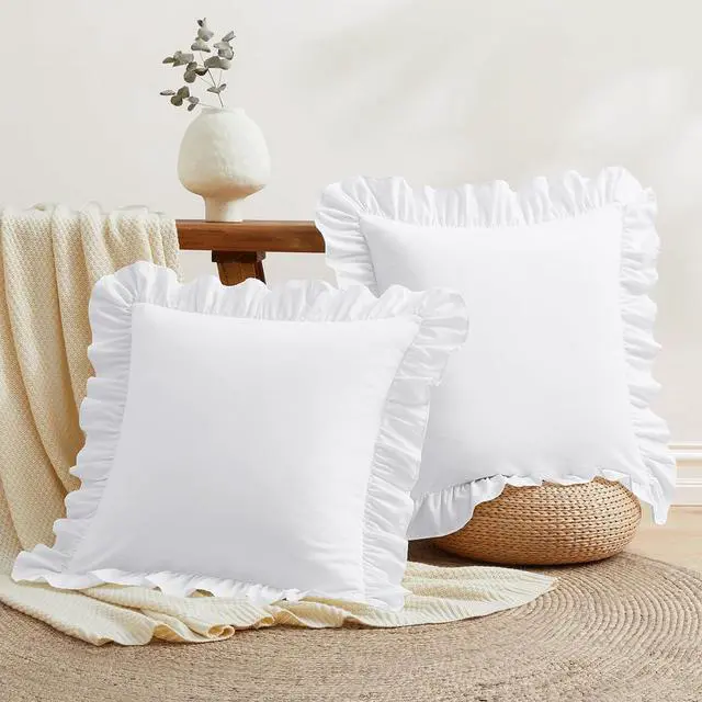 Alt view image 2 of 7 - 2 Pack Ruffle Throw Pillow Covers 18x18 Inches, White Square Pillow Cases Microfiber Decorative Pillow Shams for Sofa Couch Bedroom Living Room