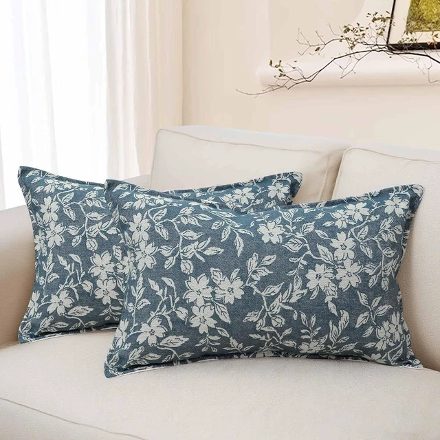 Main image of 20x12 Lumbar Decorative Throw Pillow Cases Floral Pillow Covers Set of 2 Vintage Jacquard Couch Pillows for Living Room Couch Bed Home Decor Blue