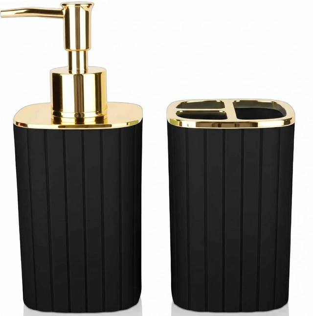 Main image of Bathroom Accessories Set 2 Pcs, Black Plastic Bathroom Set with Gold Color Cover Include Toothbrush Holder, Soap Dispenser, Bathroom Sets Accessories for Bathroom Decor