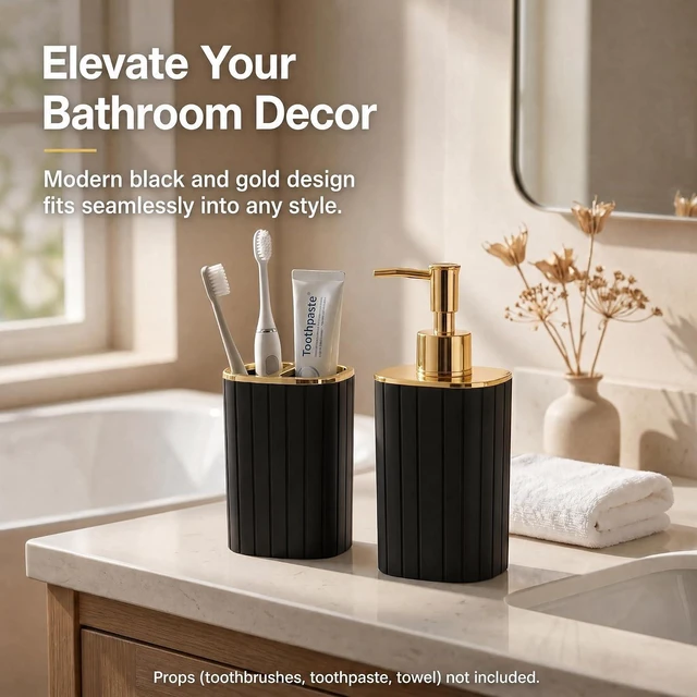 Alt view image 3 of 7 - Bathroom Accessories Set 2 Pcs, Black Plastic Bathroom Set with Gold Color Cover Include Toothbrush Holder, Soap Dispenser, Bathroom Sets Accessories for Bathroom Decor