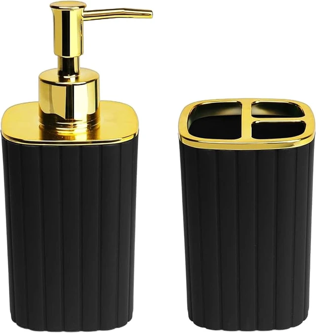 Alt view image 2 of 7 - Bathroom Accessories Set 2 Pcs, Black Plastic Bathroom Set with Gold Color Cover Include Toothbrush Holder, Soap Dispenser, Bathroom Sets Accessories for Bathroom Decor