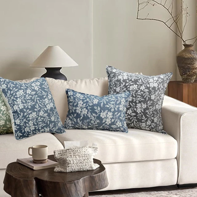 Alt view image 6 of 7 - 20x12 Lumbar Decorative Throw Pillow Cases Floral Pillow Covers Set of 2 Vintage Jacquard Couch Pillows for Living Room Couch Bed Home Decor Blue