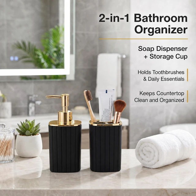Alt view image 5 of 7 - Bathroom Accessories Set 2 Pcs, Black Plastic Bathroom Set with Gold Color Cover Include Toothbrush Holder, Soap Dispenser, Bathroom Sets Accessories for Bathroom Decor