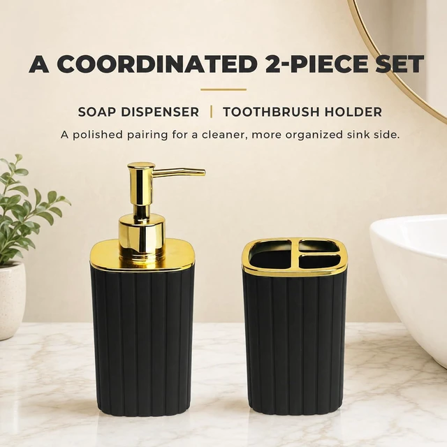 Alt view image 4 of 7 - Bathroom Accessories Set 2 Pcs, Black Plastic Bathroom Set with Gold Color Cover Include Toothbrush Holder, Soap Dispenser, Bathroom Sets Accessories for Bathroom Decor