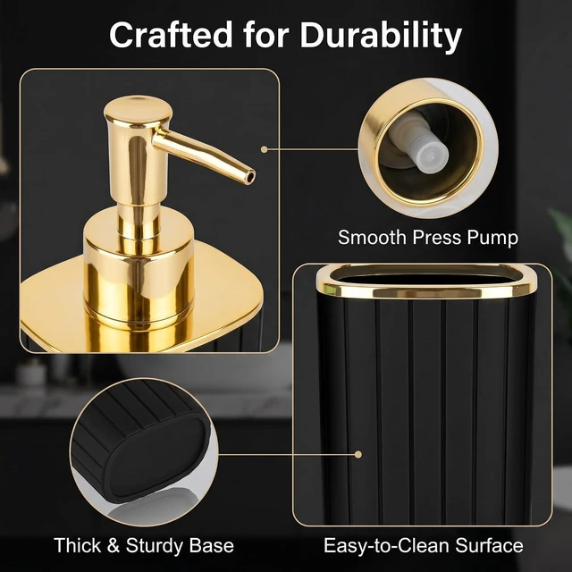 Alt view image 7 of 7 - Bathroom Accessories Set 2 Pcs, Black Plastic Bathroom Set with Gold Color Cover Include Toothbrush Holder, Soap Dispenser, Bathroom Sets Accessories for Bathroom Decor