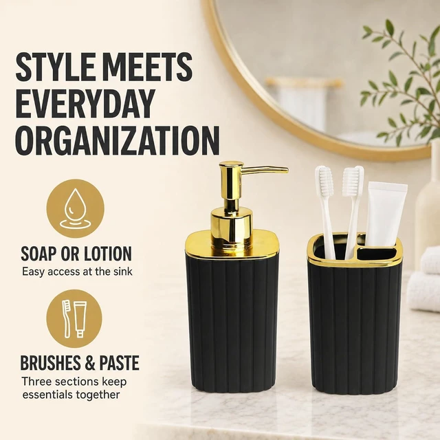 Alt view image 6 of 7 - Bathroom Accessories Set 2 Pcs, Black Plastic Bathroom Set with Gold Color Cover Include Toothbrush Holder, Soap Dispenser, Bathroom Sets Accessories for Bathroom Decor