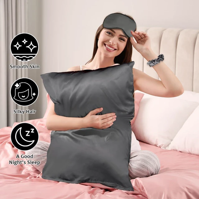 Alt view image 5 of 7 - 2 Pack Satin Silk Pillowcase, 19.69x29.53in Silk Pillowcases for Hair and Skin with 2PCS Satin Hair Scrunchies&Eye Mask, Soft Slip Beauty Sleep Satin Pillowcase, Gifts for Women Men(Dark Gray)