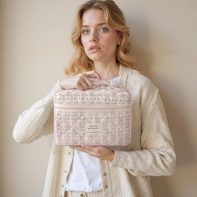Alt view image 7 of 7 - Large Quilted Makeup Bag for Women Cute Cotton Travel Cosmetic Bag