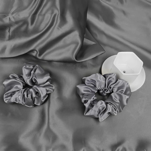 Alt view image 7 of 7 - 2 Pack Satin Silk Pillowcase, 19.69x29.53in Silk Pillowcases for Hair and Skin with 2PCS Satin Hair Scrunchies&Eye Mask, Soft Slip Beauty Sleep Satin Pillowcase, Gifts for Women Men(Dark Gray)