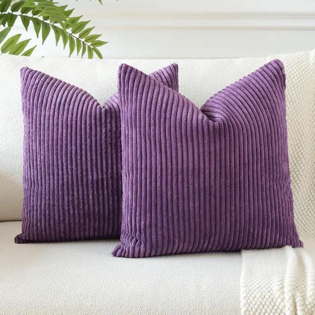 Main image of Pack of 2 Throw Pillow Covers 18 x 18 Inch Soft Corduroy Decorative Square Solid Striped Cushion Case Couch Farmhouse Home Boho Decor Throw Pillows for Sofa Bed Living Room (Eggplant Purple)