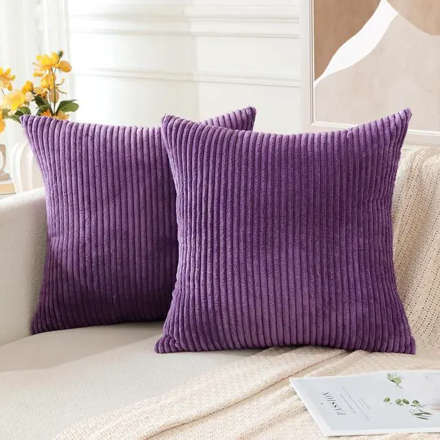 Alt view image 3 of 7 - Pack of 2 Throw Pillow Covers 18 x 18 Inch Soft Corduroy Decorative Square Solid Striped Cushion Case Couch Farmhouse Home Boho Decor Throw Pillows for Sofa Bed Living Room (Eggplant Purple)