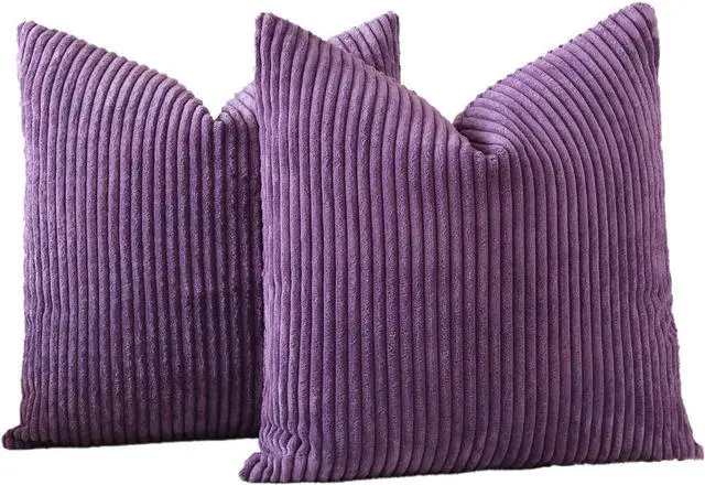 Alt view image 7 of 7 - Pack of 2 Throw Pillow Covers 18 x 18 Inch Soft Corduroy Decorative Square Solid Striped Cushion Case Couch Farmhouse Home Boho Decor Throw Pillows for Sofa Bed Living Room (Eggplant Purple)