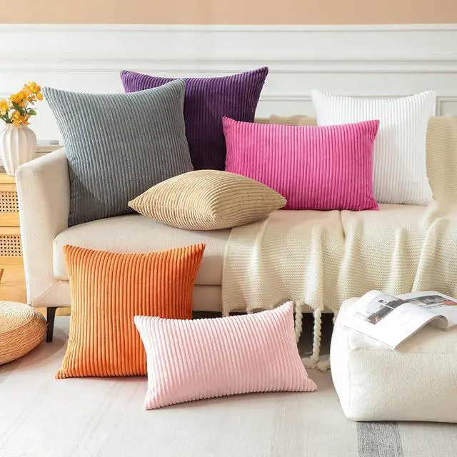 Alt view image 5 of 7 - Pack of 2 Throw Pillow Covers 18 x 18 Inch Soft Corduroy Decorative Square Solid Striped Cushion Case Couch Farmhouse Home Boho Decor Throw Pillows for Sofa Bed Living Room (Eggplant Purple)