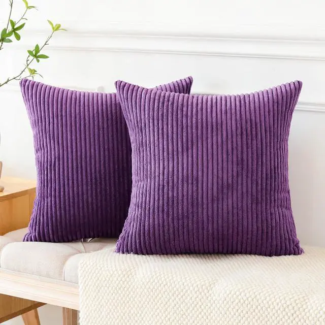 Alt view image 4 of 7 - Pack of 2 Throw Pillow Covers 18 x 18 Inch Soft Corduroy Decorative Square Solid Striped Cushion Case Couch Farmhouse Home Boho Decor Throw Pillows for Sofa Bed Living Room (Eggplant Purple)