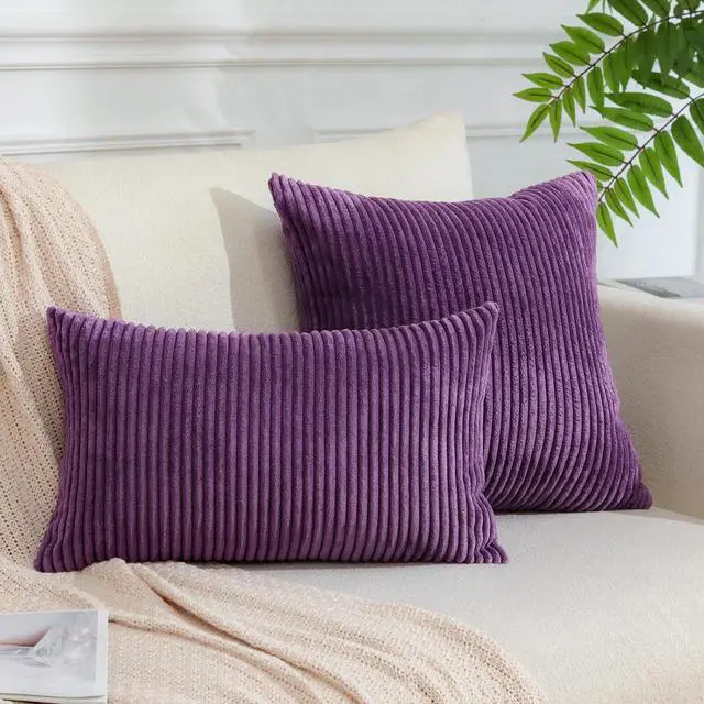 Alt view image 6 of 7 - Pack of 2 Throw Pillow Covers 18 x 18 Inch Soft Corduroy Decorative Square Solid Striped Cushion Case Couch Farmhouse Home Boho Decor Throw Pillows for Sofa Bed Living Room (Eggplant Purple)