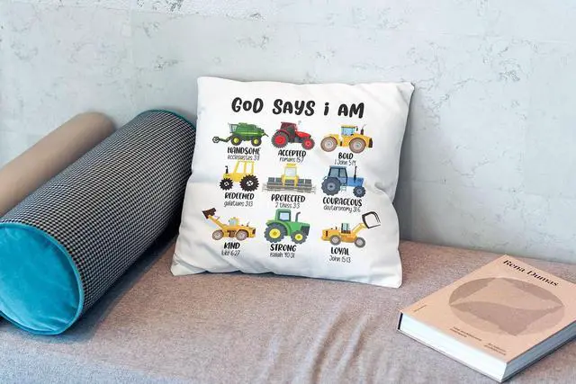 Alt view image 2 of 4 - God Says I am Construction Trucks Pillow Covers 18x18, Construction Decor for Boys Room, Christian Gifts for Boys, Construction Pillow Covers for Toddler Boys Room Bedroom Playroom Nursery